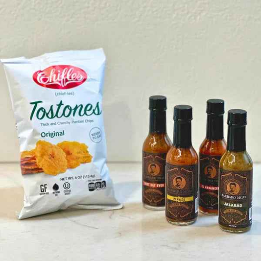 Barbaro Mojo Chifles Tostones — crunchy Cuban plantain snacks with hot sauce pairings