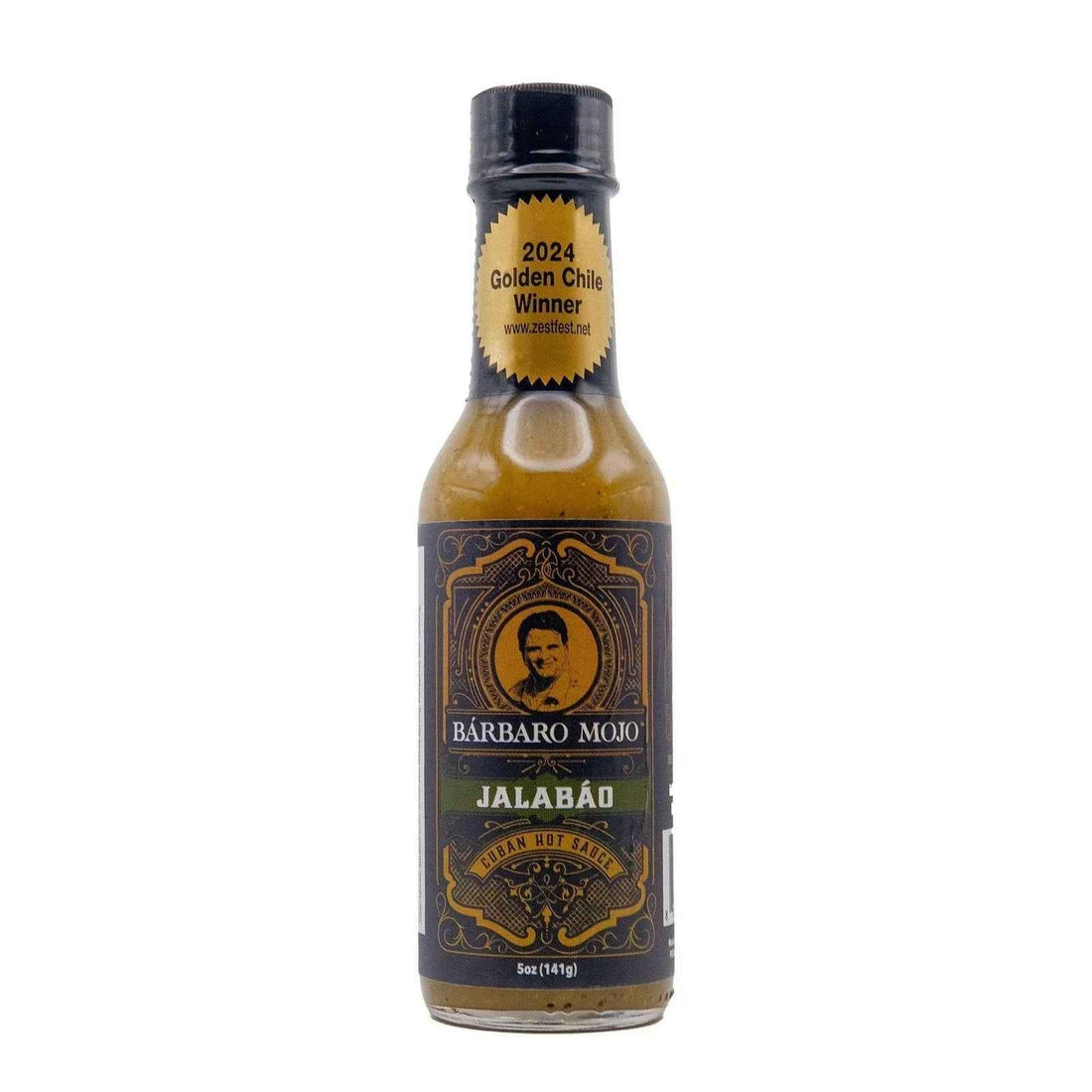 Bottle of Jalabáo, the green jalapeño and green bell pepper Cuban hot sauce from Barbaro Mojo