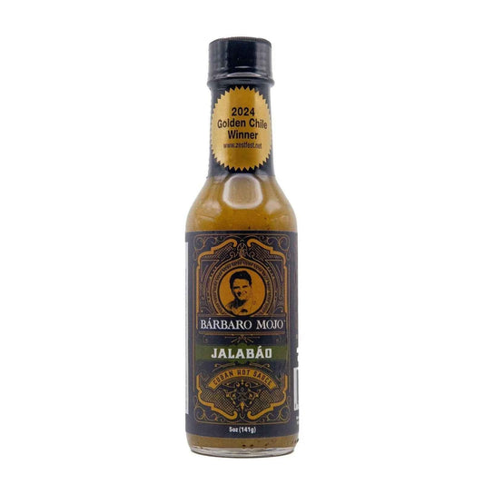 Bottle of Jalabáo, the green jalapeño and green bell pepper Cuban hot sauce from Barbaro Mojo