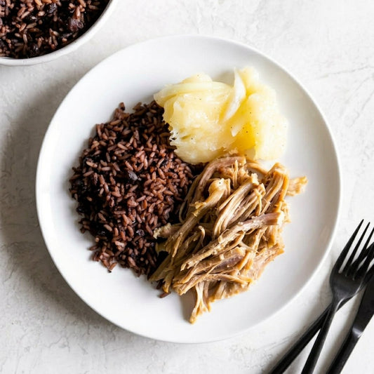 Cuban congri with lechon asado and yuca con mojo