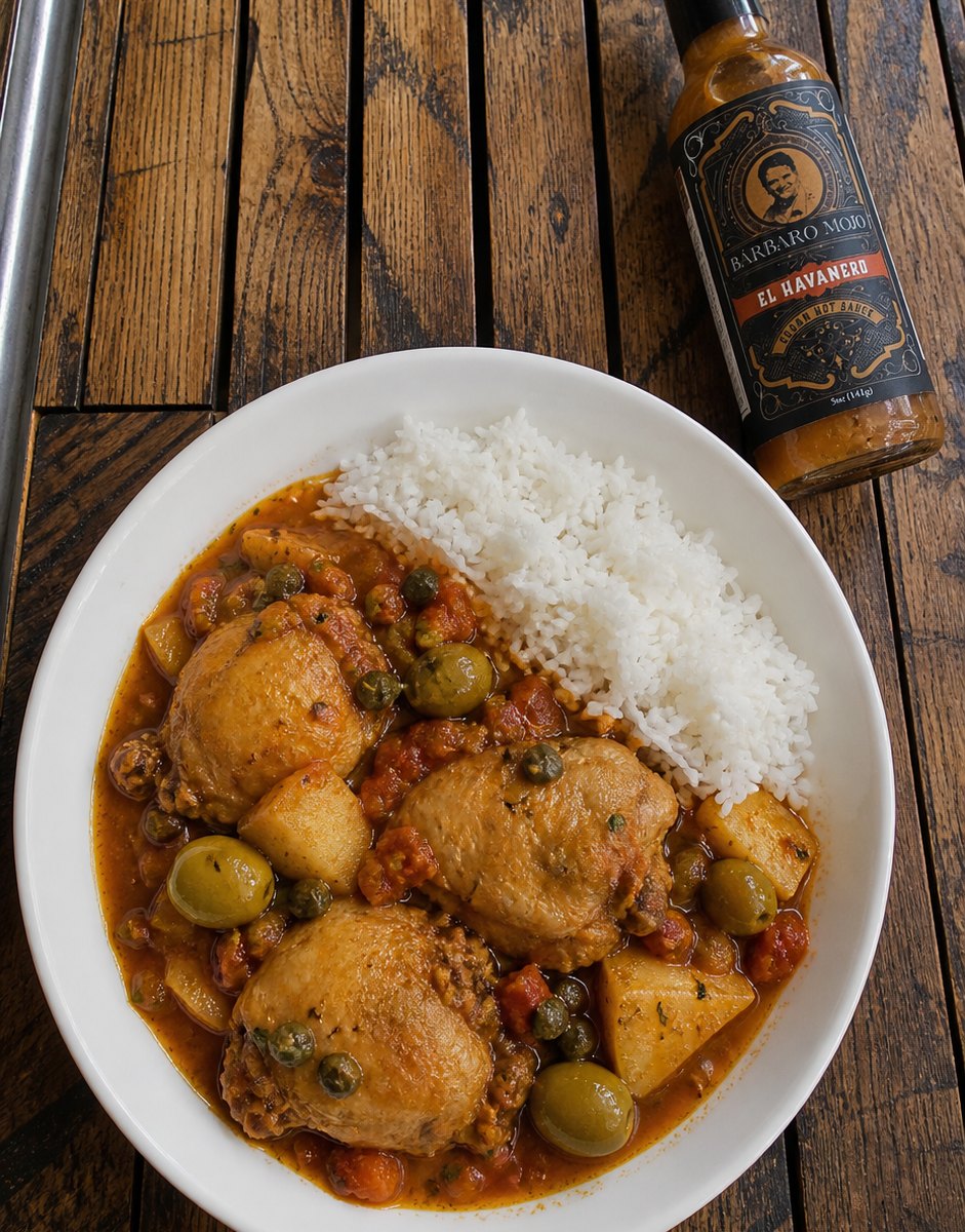 Bowl of fricasé de pollo with white rice next to a bottle of Barbaro Mojo El Havanero on a wooden table