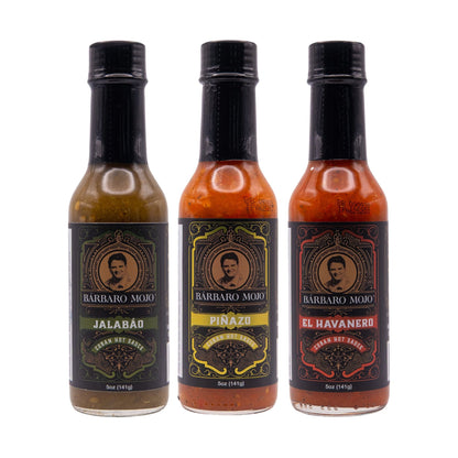 Three Barbaro Mojo hot sauce bottles side by side: Jalabáo, Piñazo and El Havanero
