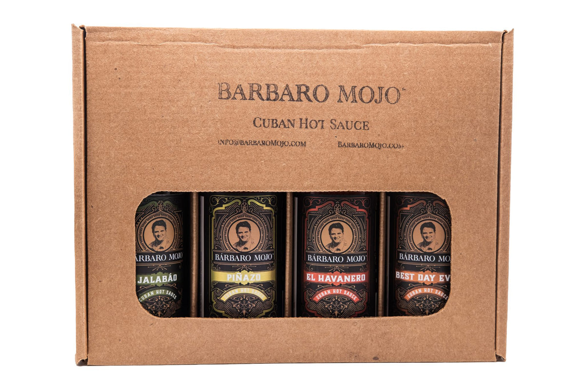 Barbaro Mojo kraft gift box with a window showing Jalabáo, Piñazo, El Havanero and Best Day Ever bottles