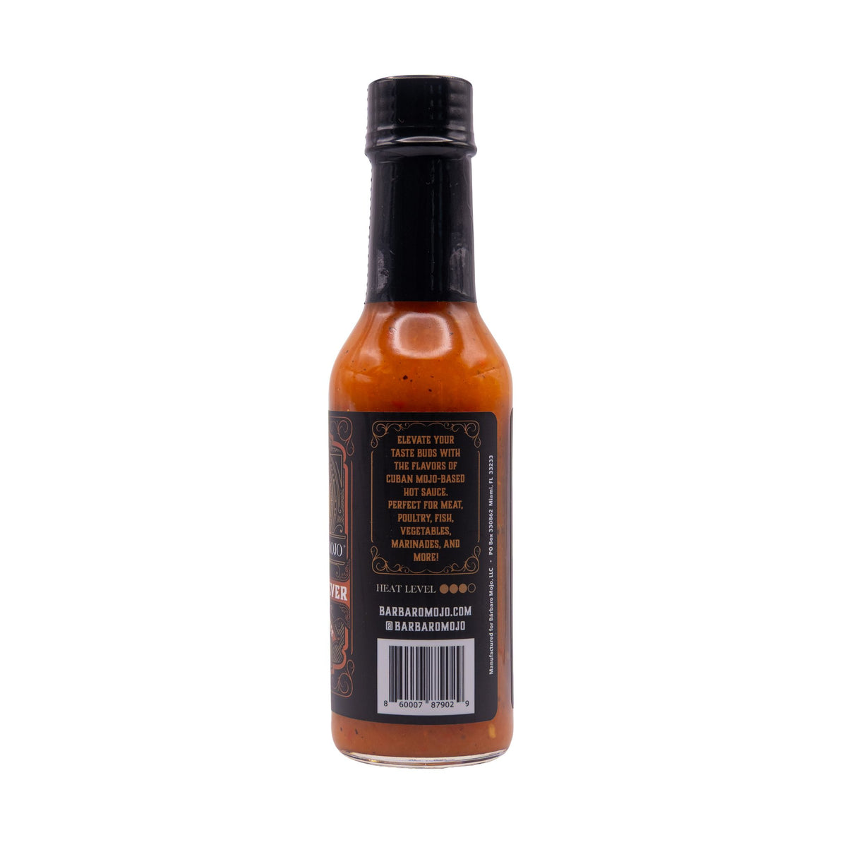 Back label of Barbaro Mojo Best Day Ever Cuban hot sauce with the heat level and barcode