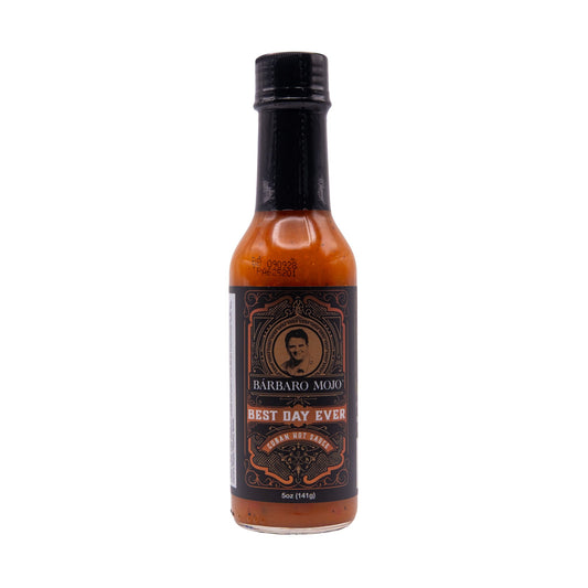 Bottle of Barbaro Mojo Best Day Ever Cuban hot sauce, front label, on a white background