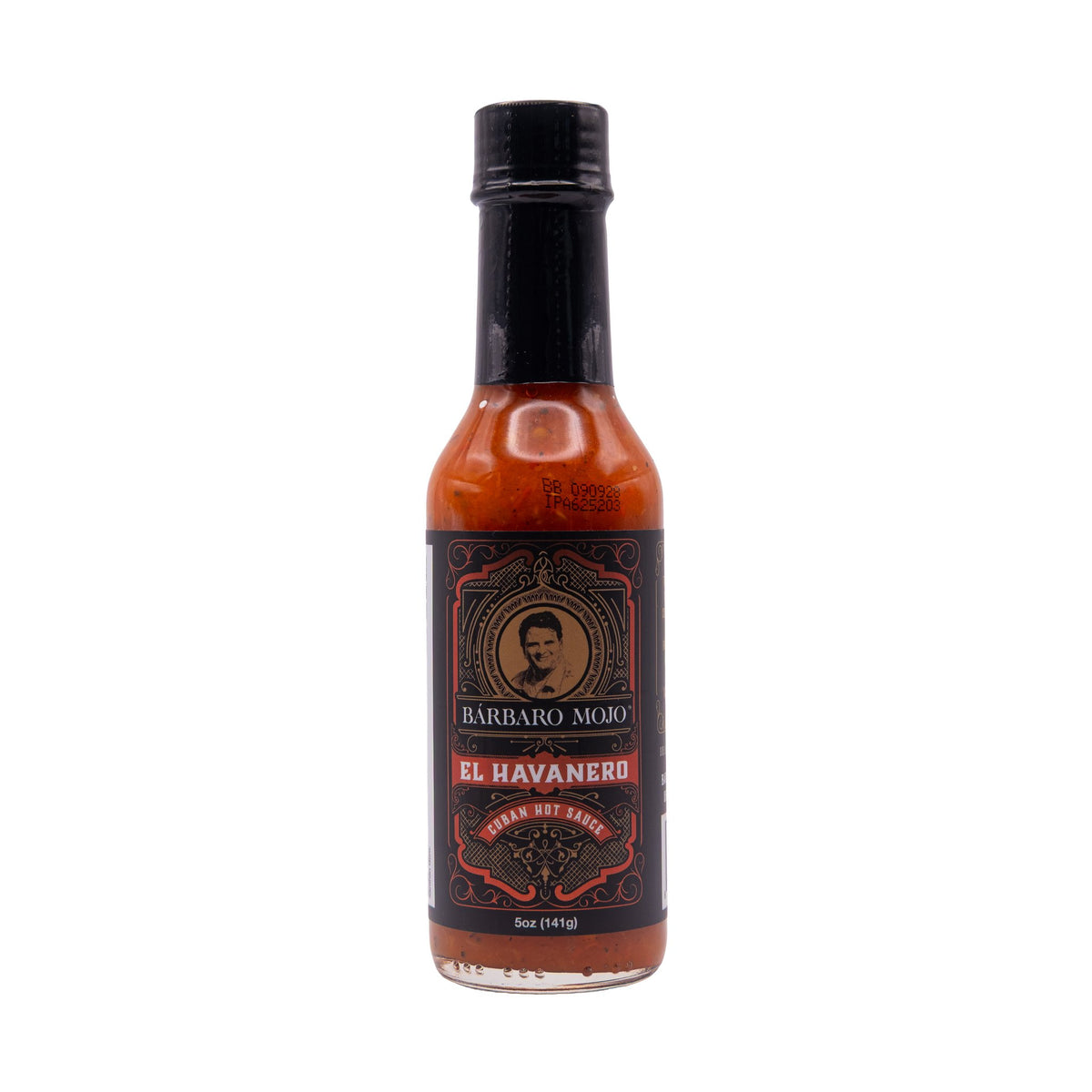 Bottle of Barbaro Mojo El Havanero Cuban hot sauce, front label, on a white background