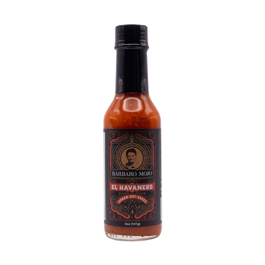 Bottle of Barbaro Mojo El Havanero Cuban hot sauce, front label, on a white background