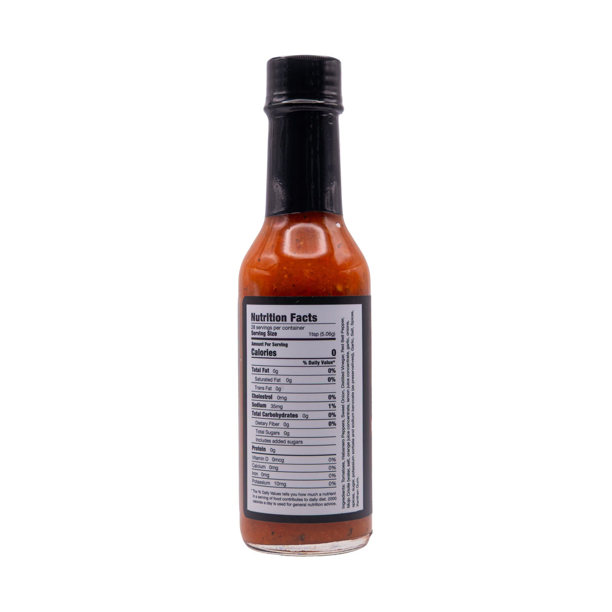 Nutrition Facts panel on a bottle of Barbaro Mojo El Havanero Cuban hot sauce