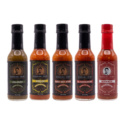 All five Barbaro Mojo hot sauces in a row: Jalabáo, Piñazo, Best Day Ever, El Havanero and Matanza