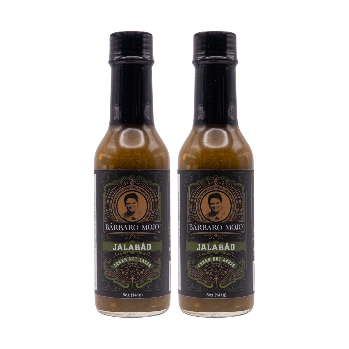 Two bottles of Barbaro Mojo Jalabáo Cuban hot sauce on a white background