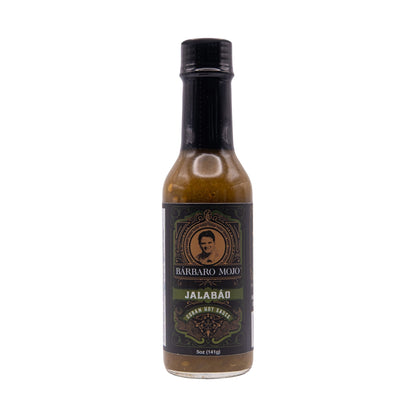 Bottle of Barbaro Mojo Jalabáo Cuban hot sauce, front label, on a white background