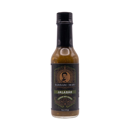 Bottle of Barbaro Mojo Jalabáo Cuban hot sauce, front label, on a white background