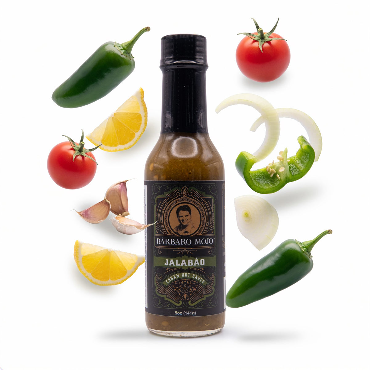 Barbaro Mojo Jalabáo bottle surrounded by jalapeños, green bell pepper, tomato, lemon, onion and garlic