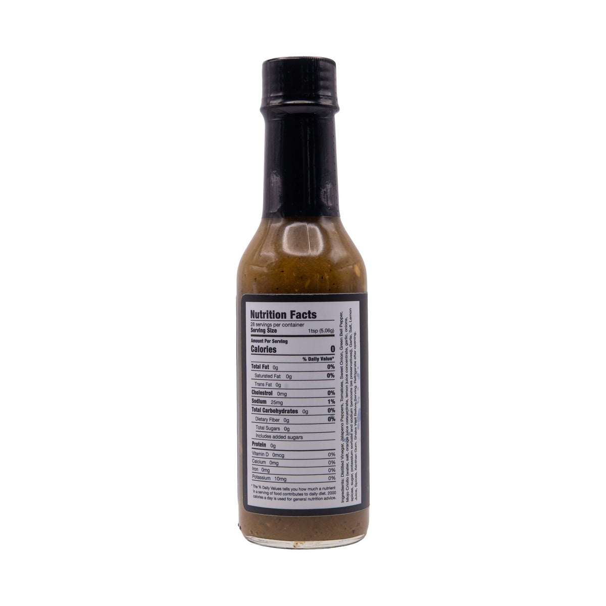 Nutrition Facts panel on a bottle of Barbaro Mojo Jalabáo Cuban hot sauce