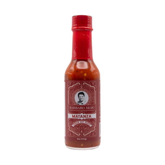 Bottle of Barbaro Mojo Matanza Cuban hot sauce, front label, on a white background