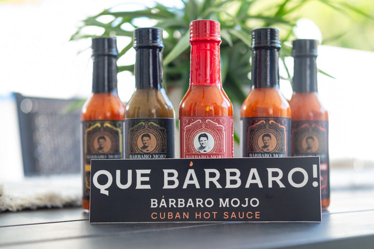 Close-up of the Barbaro Mojo hot sauce lineup: Piñazo, Jalabáo, Matanza, Best Day Ever and El Havanero